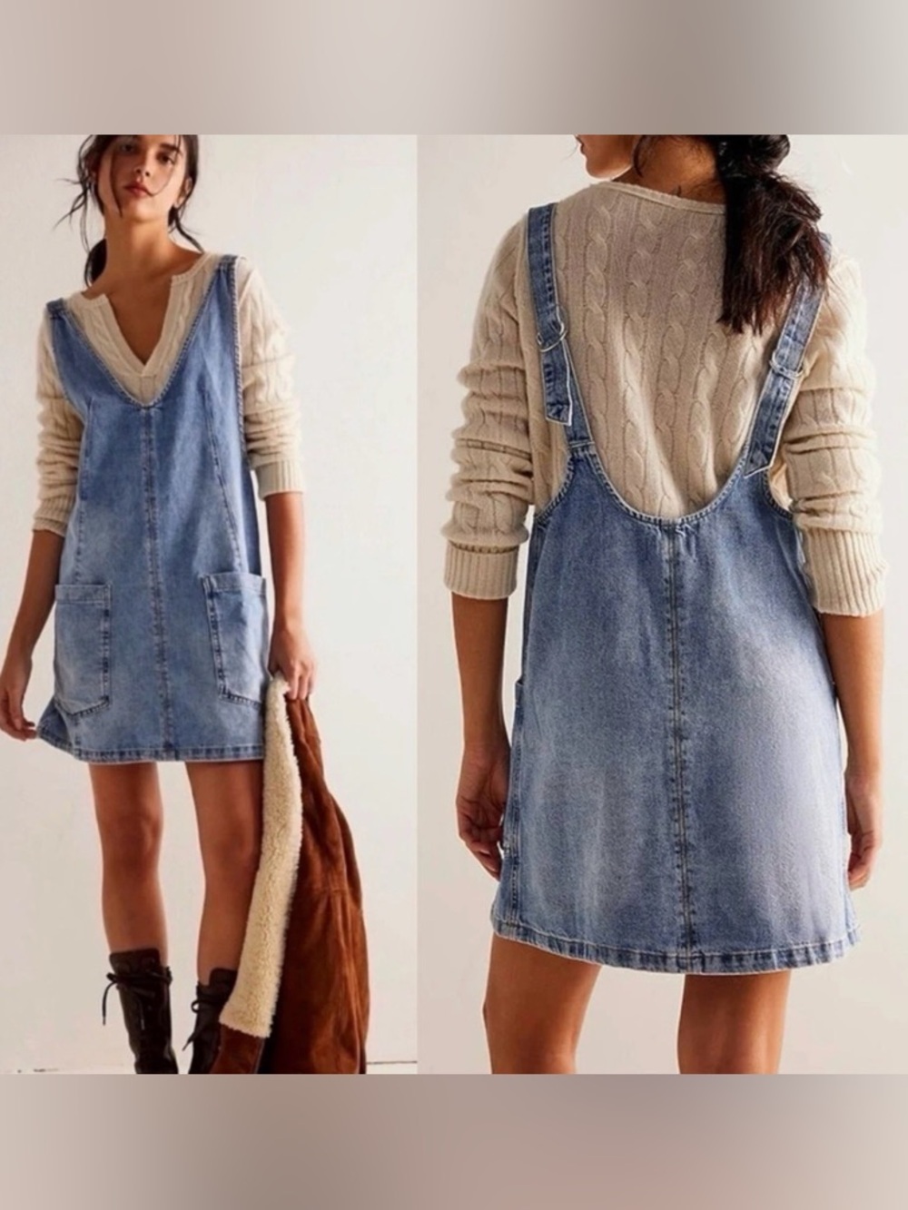 We The Free Light Blue Denim Mini Pinafore Dress